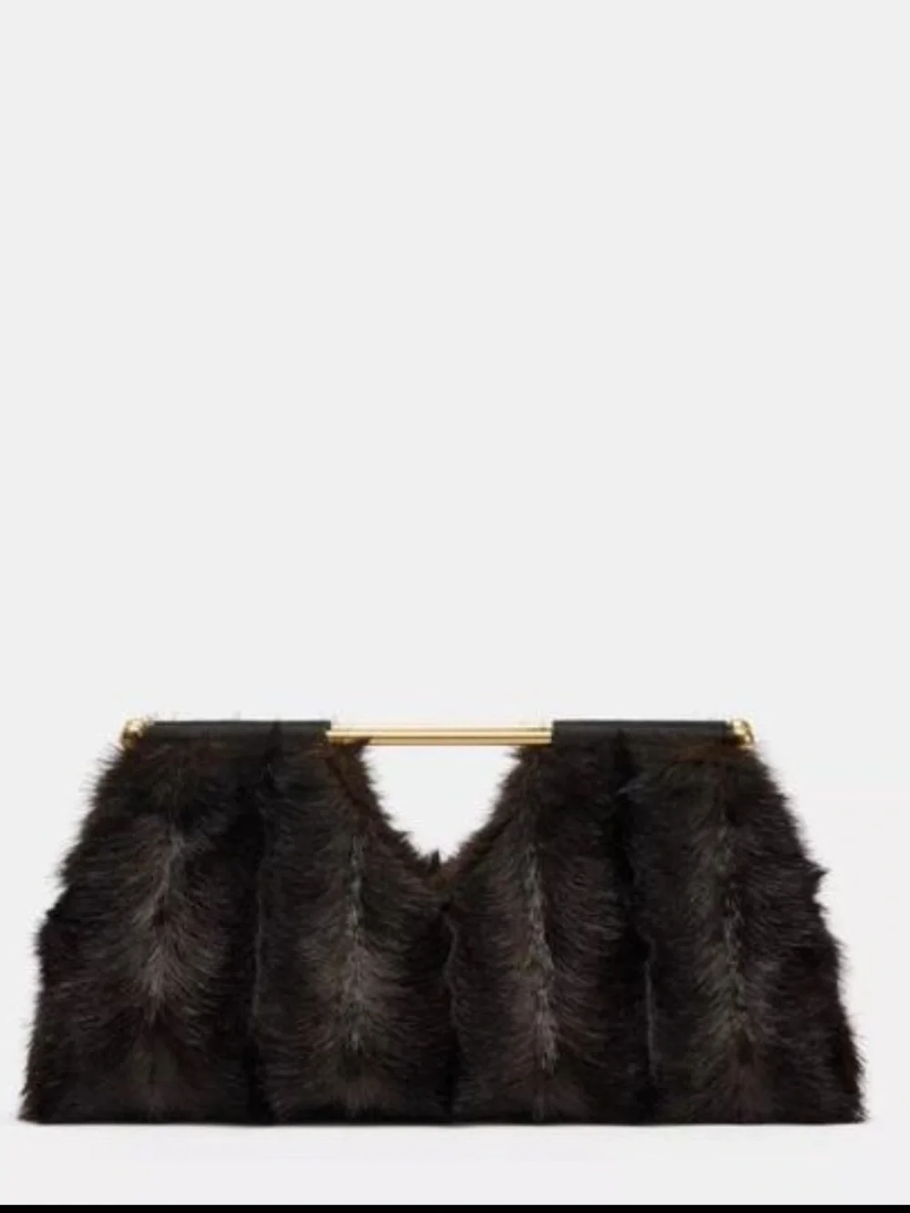 Zara NWT Brown Faux Fur Clutch Bag Gold Handle Oversized Handbag